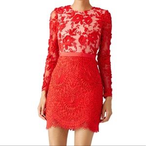 Monique Lhuillier Red Floral Lace Sheath Dress